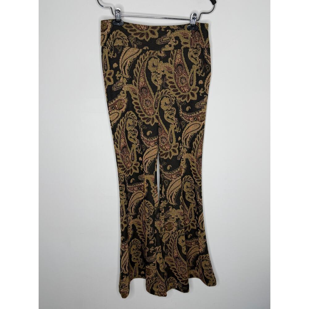 Anthropologie Viviana Jacquard Paisley Flared Trousers Black/Gold Women's US 6 - Picture 2 of 12